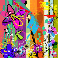 abstract background composition with flowers, paint strokes, splashes and geometric lines