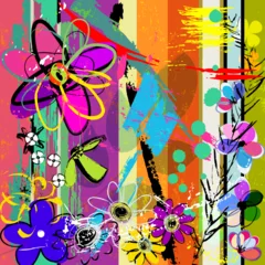 Rolgordijnen abstract background composition with flowers, paint strokes, splashes and geometric lines © Kirsten Hinte