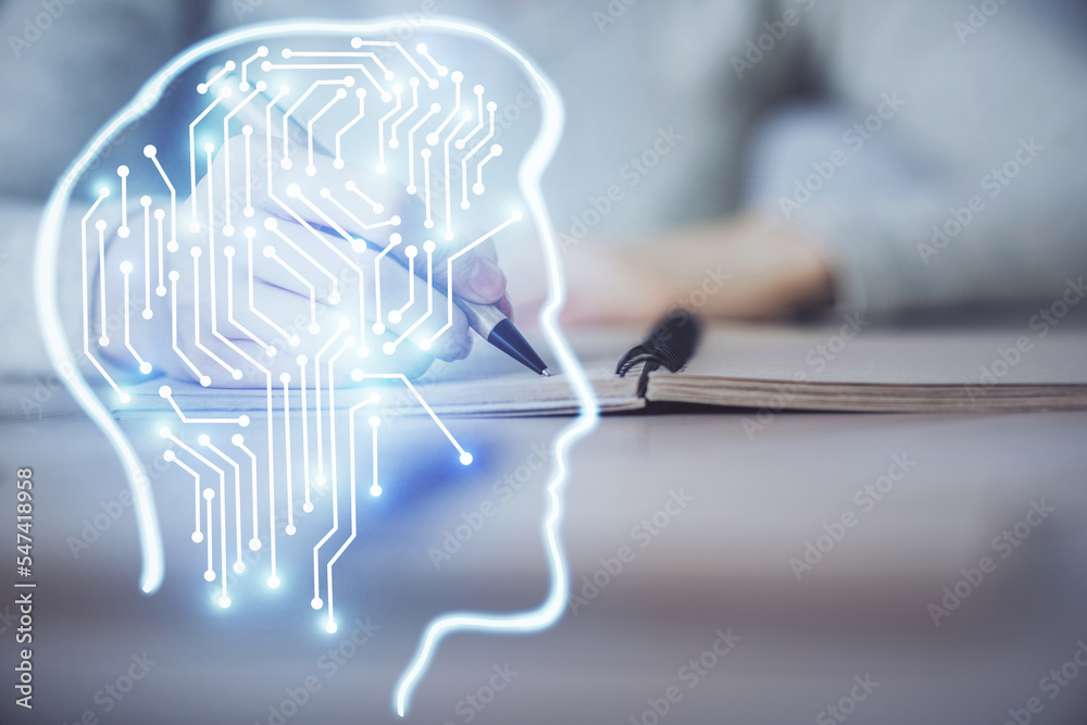 Poster double exposure of woman's writing hand on background with brain hud. concept of learning.