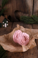 Berry marshmallow, serving on a wooden table