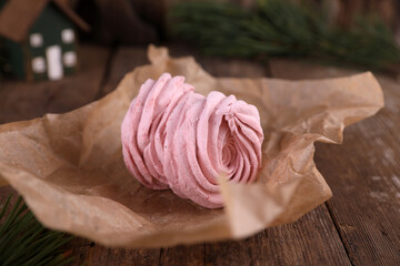 Berry marshmallow, serving on a wooden table