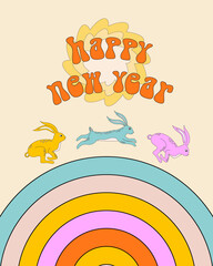 Chinese New Year 2023 symbol. Psychedelic hare or rabbit. Retro 70s styles, shapes and colors.