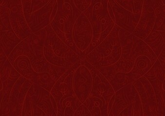 Hand-drawn unique abstract symmetrical seamless ornament. Light semi transparent red on a deep red background. Paper texture. Digital artwork, A4. (pattern: p08-2a)