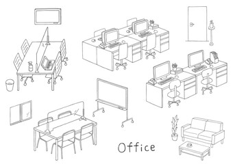 手描きのオフィスイラストセット（モノクロ）