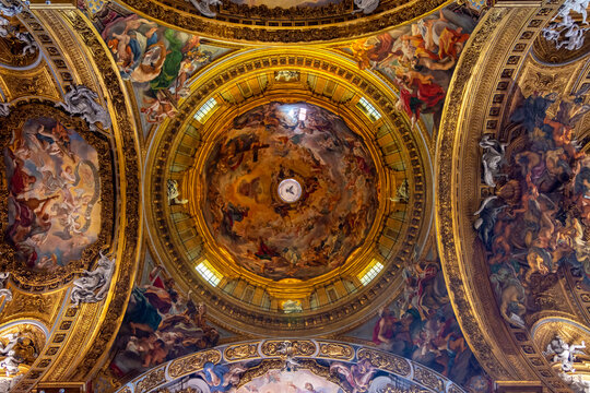 Rome, Italy - October 2022: Church of the Gesu decorated ceiling