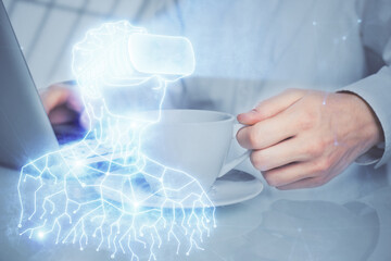 AR hologram with man working on computer on background. Augmented reality concept. Double exposure.