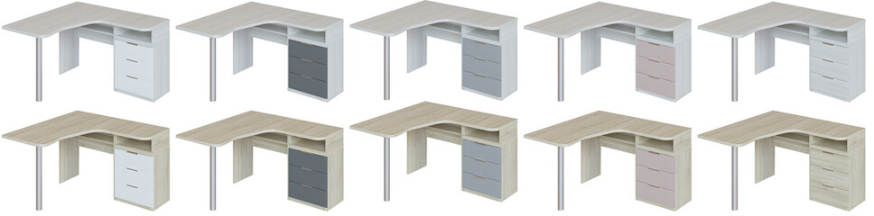 Contemporary corner desk made of wood, 10 color options, on a transparent background.
