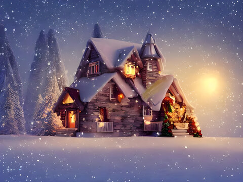 Haus im Winterwunderland, weihnachtlich mit Lichter, Weihnachten, Illustration