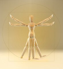 Wooden Vitruvian manikin. Puppet concept. Wood dummy. Wooden man.
