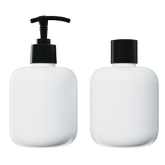 Set of two care product bottles 3D render mockup, plastic lotion dispenser and shampoo bottle isolated