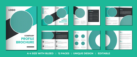 12 pages minimalist modern and creative company profile bifold brochure design vector template
