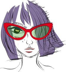 Girl with purple hair, bob hairstyle, freckles, teenager in vintage cat eye sunglasses with red frame