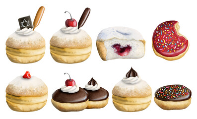 Watercolor donuts set of hand drawn illustration, doughnuts with different toppings for bakery, Hanukkah decorations