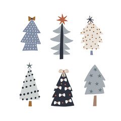 Naklejka na ściany i meble Set of four christmas tree isolated on white. Creative festive trees. Ready for cards, stickers, invitations.Vector illustration
