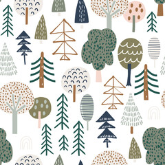 Fototapeta na wymiar Woodland seamless pattern. Trendy forest texture with abstract hand drawn tree. Perfect for textile, fabric, apparel, wallpaper.Vector illustration