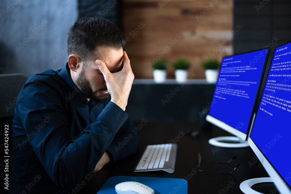 Poster Worried Man At Computer With System Failure Screen
