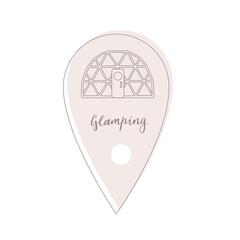 Simple vector beige shape of map pin with line bubble tent, lettering glamping. Can use for card, web, story
