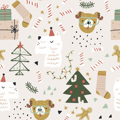 Seamless cartoon pattern with dogs, winter tree, gifts. Holiday xmas texture. Vector illustration
