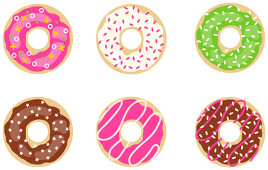 Donuts, a set of realistic donuts on a white background with a white stroke. Vector, cartoon illustration.