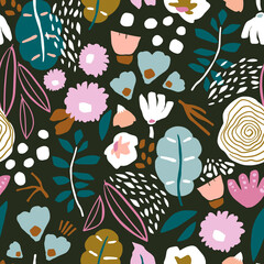 Seamless floral pattern. Botanical texture with flowers, berry, branches, dark leaves. Modern hand drawn floral background. Vector illustration