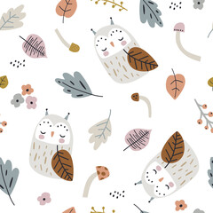 Childish forest pattern with owl, leaves, mushrooms. Woodland kids texture for fabric, textile, wallpaper. Vector illustration