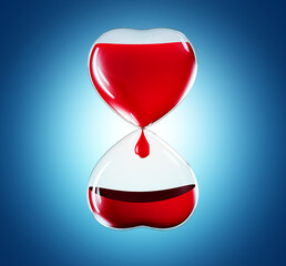 Fototapeta na wymiar Hourglass heart Donor day. Blood transfusion on blue background 3d illustration