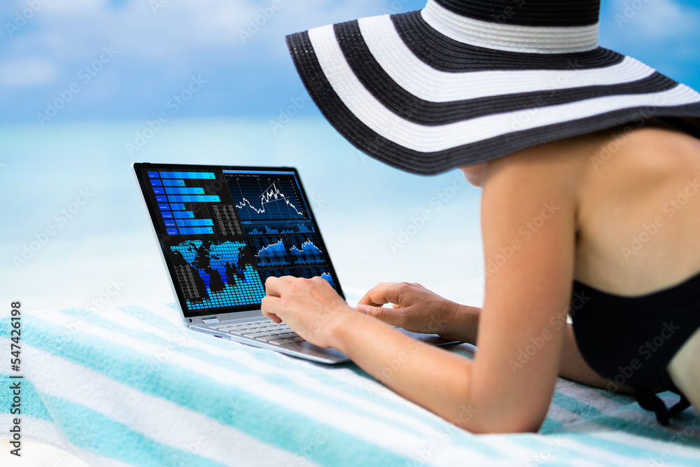 Poster businesswoman using analytics data kpi dashboard