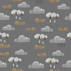 Fototapeta premium Watercolor retro style with clouds and water drops. Vintage childish vector texture. Great for fabric, textile.