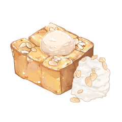 Honey toast with vanilla ice cream and whipped cream draw by digital watercolor