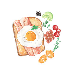 Breakfast Toast with Bacon and Egg draw by digital watercolor