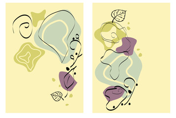 Set of two banners depicting plants and blots. Vector flat and minimalist illustration, isolated