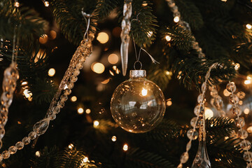 The concept of Christmas decor. Close-up of Christmas decorations and Christmas balls in retro style. Festive Christmas background and picture