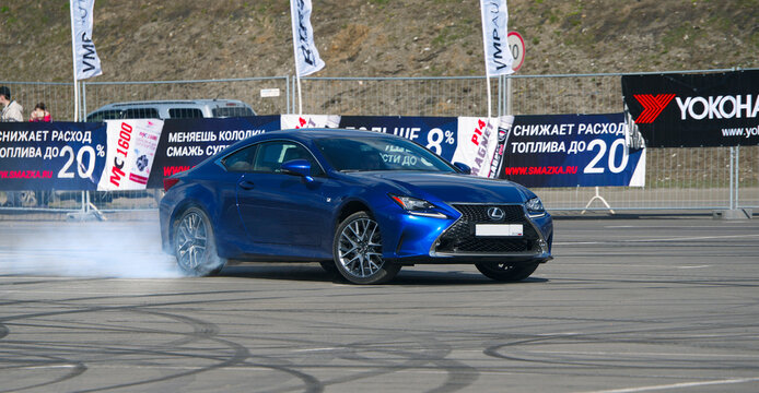 Moscow, Russia - April 25, 2015: Drift car in the Lexus on area Crocus Expo. RTR Show of Masters