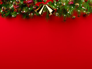 Christmas background 3D rendering. Top view of Christmas gift box  with spruce branches, pine cones on red background.