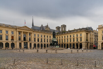 Fototapeta na wymiar panorama view of the Place Royal Square in downtown Reims with the statue of Louis XV in Roman garb