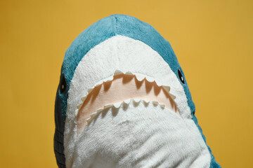 Close up portrait of marine predator toy. Mouth open and teeth stick out. Stuffed toy for children. Blue plush shark on yellow background.