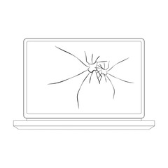 broken laptop in outline style on a white background. Vector illustration