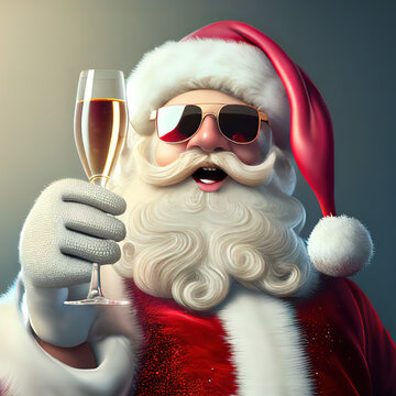 Cooler Weinachtsmann mit Sonnenbrille und Sektglas, Weihnachtskarte Illustration