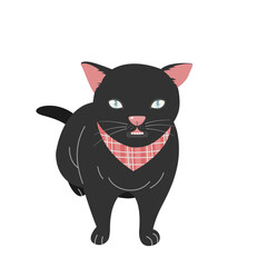 Cute black cat with scarf isolated in flat vector style.