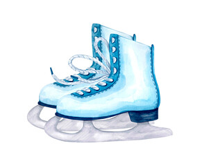 Pair of blue figure skates with laces. Hand-drawn watercolor illustration. Element of winter pastime.