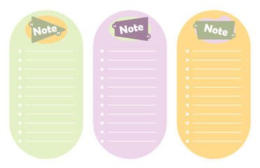 Notes. Cute agenda and reminder diary page printable design. Organizer memo notepad. Empty list, notebook background, blank planner sheets template. Tasks checklist. Vector set