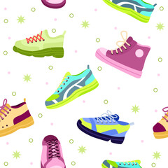 Hip hop running shoe pattern. Fashion clothing for sport activity. Grunge art drawing. Gumshoes and sneakers print. Casual lifestyle clothes. Lace footwear. Vector seamless nowaday design