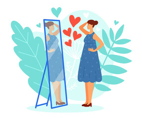 Myself acceptance. Female looking at mirror reflection. Body positive. Narcissistic woman. People self care. Girl with heart and love. Health and beauty. Vector cartoon nowaday concept