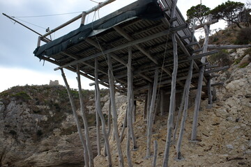 Low angle view of wooden fishing house in southern Italy, Vieste, Apulia'