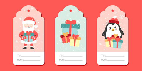 Set of New Year gift tags with santa claus penguin and gifts