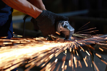 Senior cutting, grinding and polishing metal part with sparks indoor workshop, close-up.