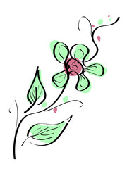 Flower in line-art style, in green and pink. Vector flat and isolated illustration on white background, for the design of banners, cards, advertising