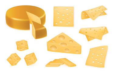 Realistic cheese set. Whole, half and food slice, natural package. Chunk cheez pieces, swiss cheddar different cutting, snack cut, yellow holes, milk product. Vector 3d neoteric illustration