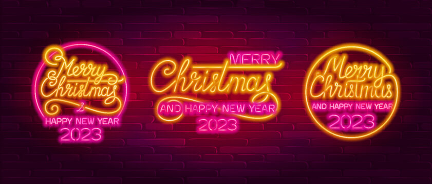 Merry Christmas and Happy New Year 2023 lettering. Vector glowing neon signs. Xmas card.