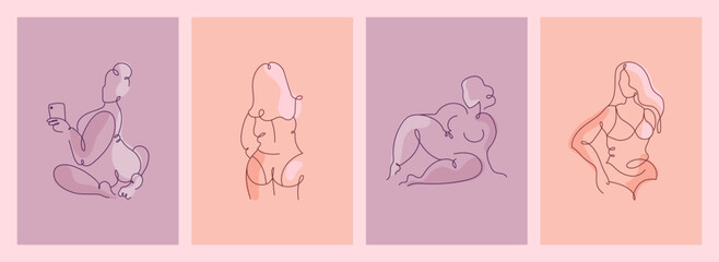 Body positive. Curvy line beauty woman. Nude female figure. Girl in bikini lingerie. Hand drawing people. Ladies posing and taking selfies. Outline silhouettes. Vector abstract cards set